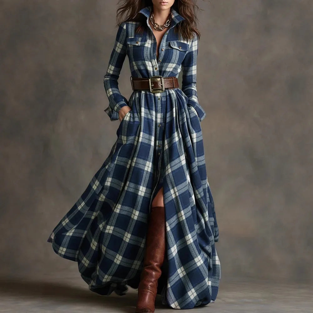 Plaid with Belt Retro Long Dress Lapel Button Irregular A Line Skirts Long Sleeve Casual Women's Dresses Autumn Elegant Clothes