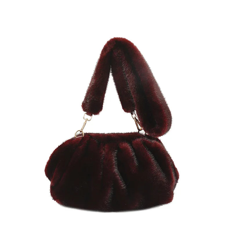 Fashionable Wrinkled Cloud Bag Soft Faux Fur Small Shoulder Bags for Women 2025 Winter Trend Korean Plush Handbags Crossbody Bag