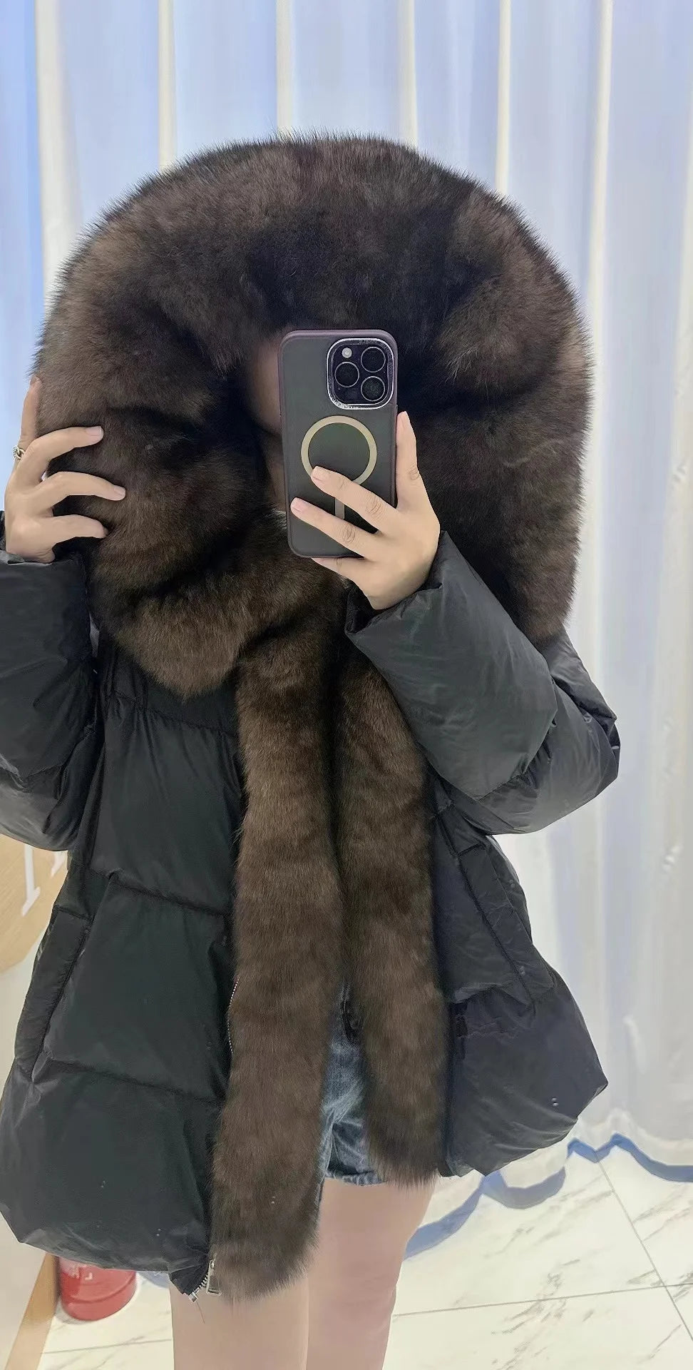 New Fashion Outerwear Puffer Jacket 2024 Women Coat White Duck Down Jacket Super Large Real Silver Fox Fur Collar Hooded