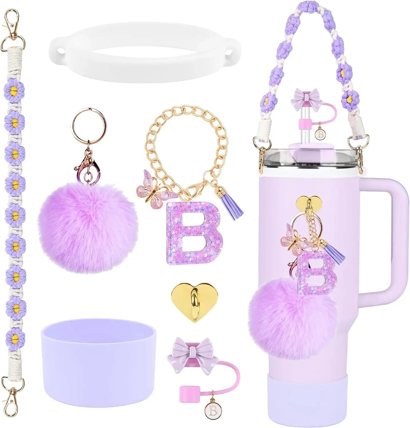 7PCS Accessories Set for Stanley Cup Purple Straw Topper Cup Boot Water Bottle Handle Strap Letter Charms 40oz 30oz Tumbler