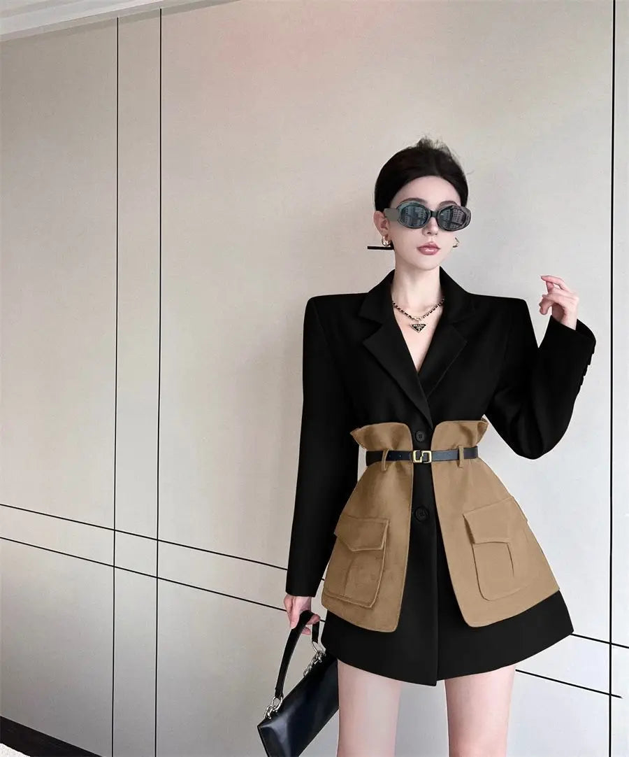 Original Design Blazer Women Fashion New Loose Spliced Pocket Korean Shrug Notched Single Breasted Blazer Mujer Femal with Belt