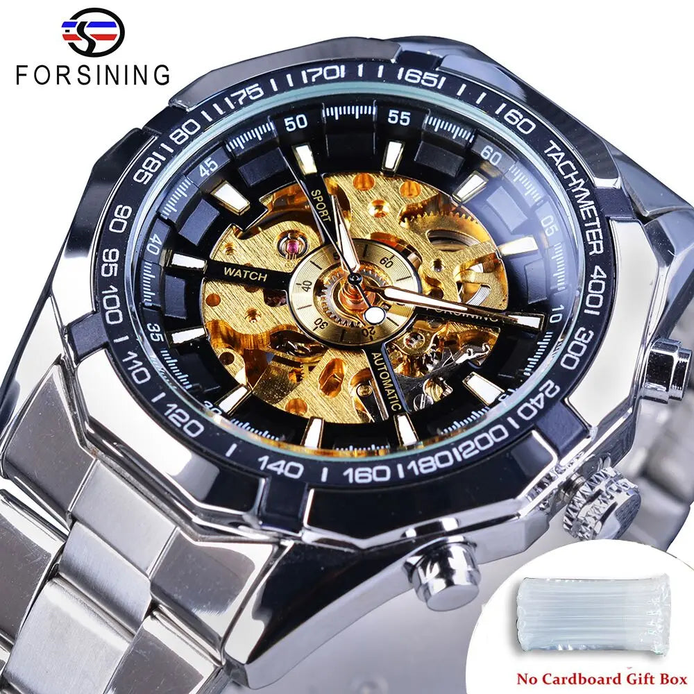 Forsining 2021 Stainless Steel Waterproof Mens Skeleton Watches Top Brand Luxury Transparent Mechanical Sport Male Wrist Watches - Kimlud