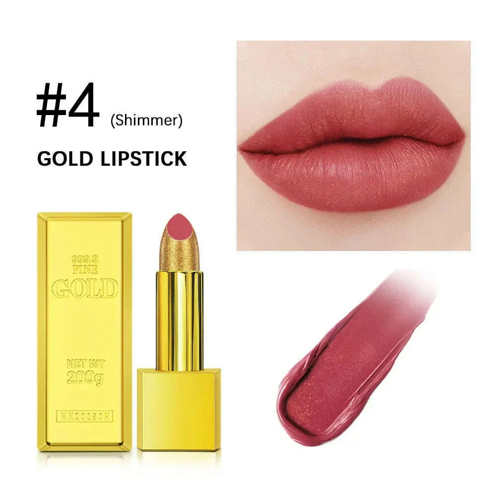Shimmer Gold Lipstick Metallic Glitter Sexy Lipsticks Long Lasting Batom Waterproof Cosmetic Gold Brick Tube Design Gift 3.5g