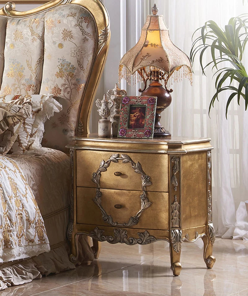 French Rococo Design Home Bedroom Gold Leaf Carving King Size Bed European Classic Luxury Golden Wooden Bedroom Furniture - Kimlud