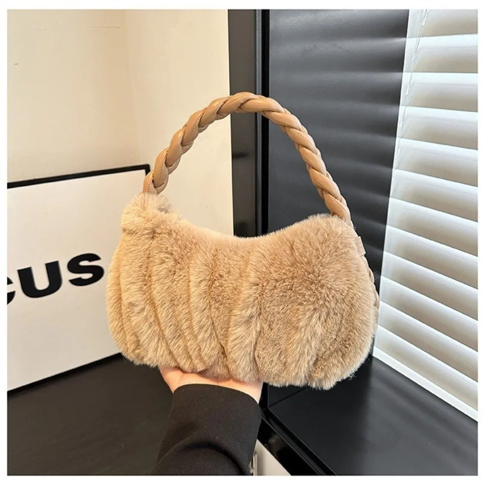 Elegant Furry Shoulder Bag Fluffy Soft Plush Handbag Solid Color Zipper Tote Bag