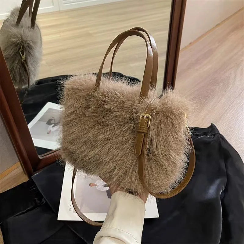 Fairy Handbag Pearl Chain Plush Small Square Bag For Women Fashion Elegant Shoulder Crossbody Bag Autumn Winter Versatile Totes