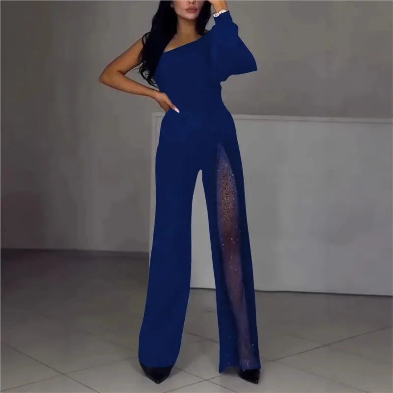 Autumn And Winter Fashion Sexy Slanted Shoulder High Slit Jumpsuit Elegant Women's Solid Color Single Shoulder Sleeve Jumpsuit