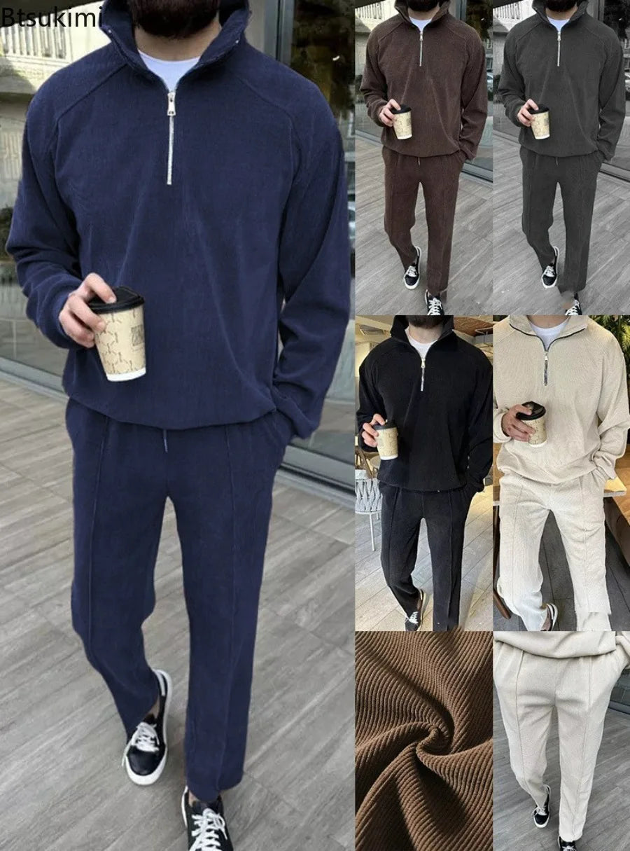 New Men's Corduroy Two Piece Sets Fashion Casual Long Sleeve Sweatshirts and Pants Trend Streetwear Spring Autumn Men Tracksuits