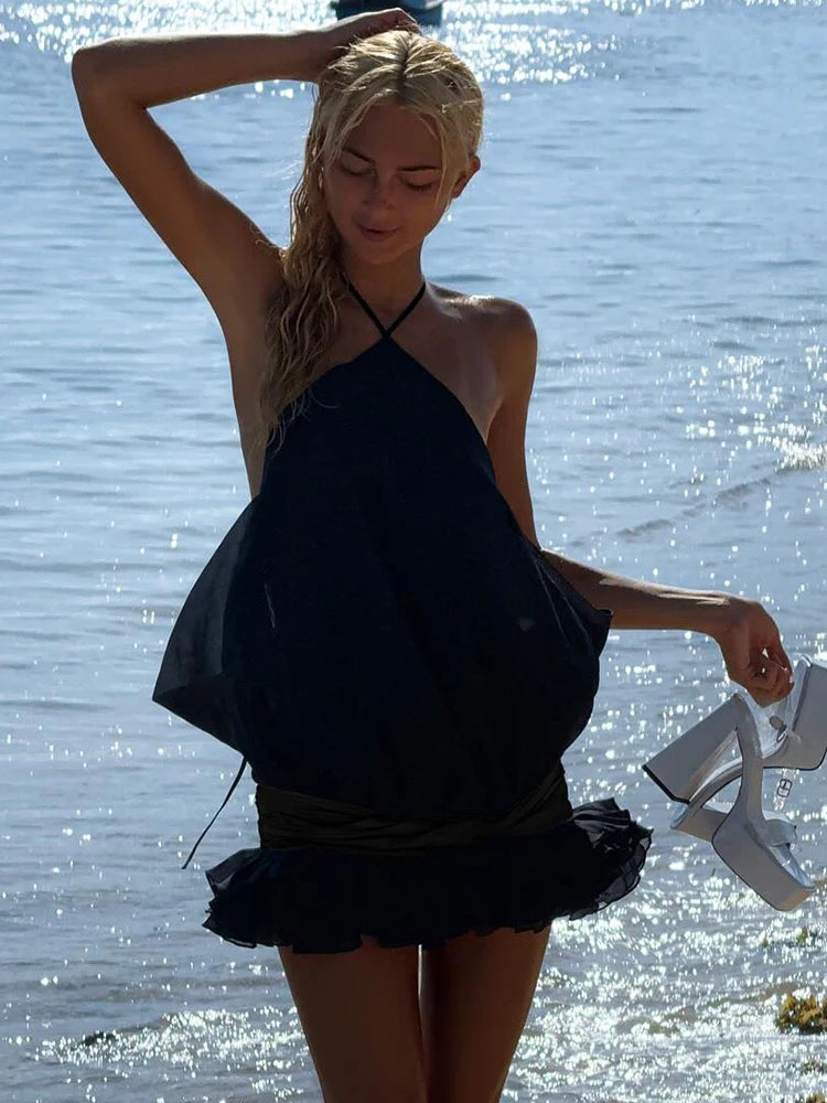 VC Edgy Black Halter Sleeveless Mini Dress Gown with Open Back for Trendy Parties