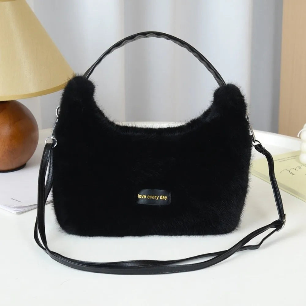 Winter New Luxury Faux Fur Ladies Shoulder Bag Soft Fluffy Female Crossbody Bag Solid Color Large Capacity Plush Tote Bag