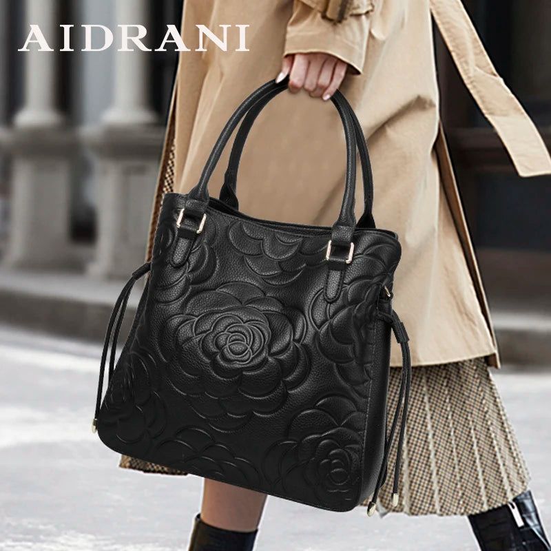 Aidrani Fashion Genuine Leather Women's Bag Large Capacity Women's Handbag Black Embossed Cowhide Shoulder Bag