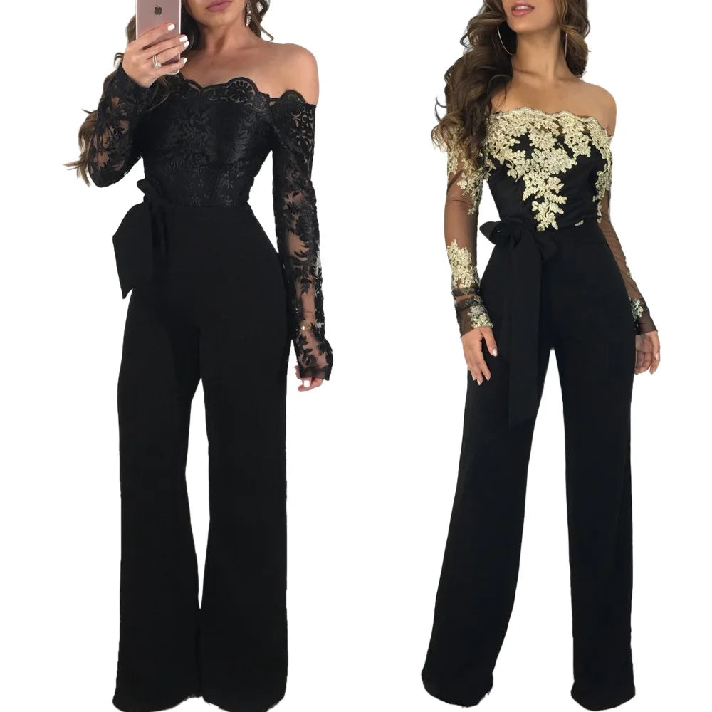 Elegant Lace Stitching Jumpsuit 2025 Summer Wide Leg Pants Romper Women Casual Office Playsuit Holiday Communting Overalls Mujer