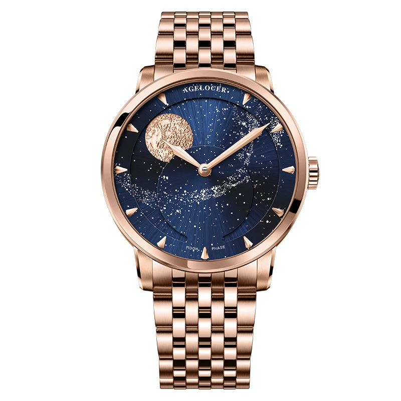 AGELOCER Original Astronomer Watch Men's Business Luxury Gold Watch Automatic Mechanical Moon Phase Watch Birthday Gift for Men