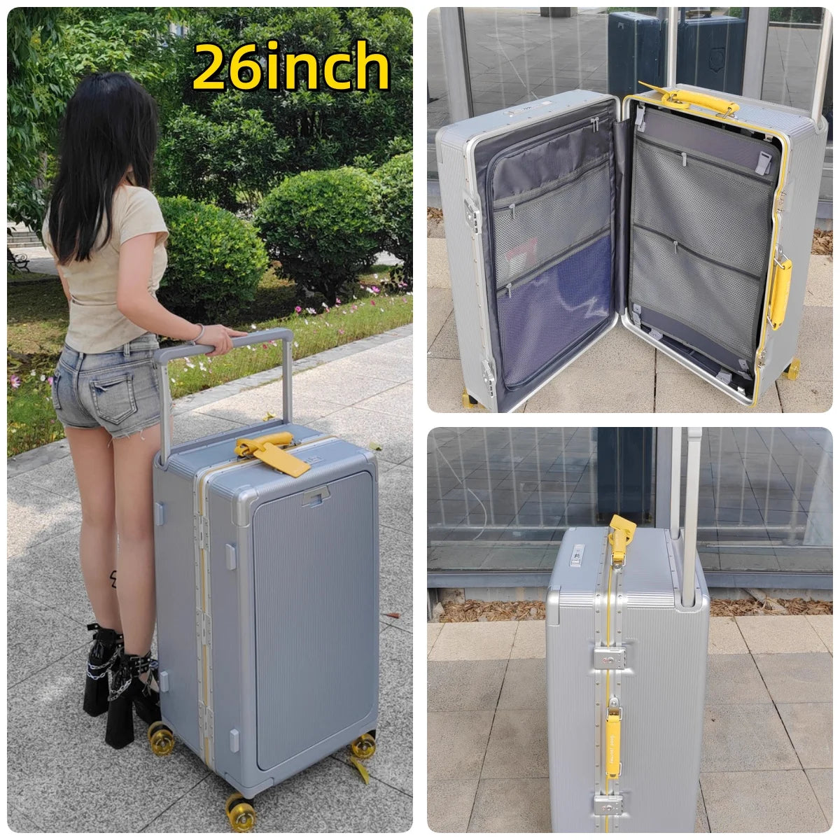 Front Opening Pocket Rolling Luggage Aluminum Frame Wide Handle Trolley Suitcase with Colorful Silent Wheels & USB Charging Plug