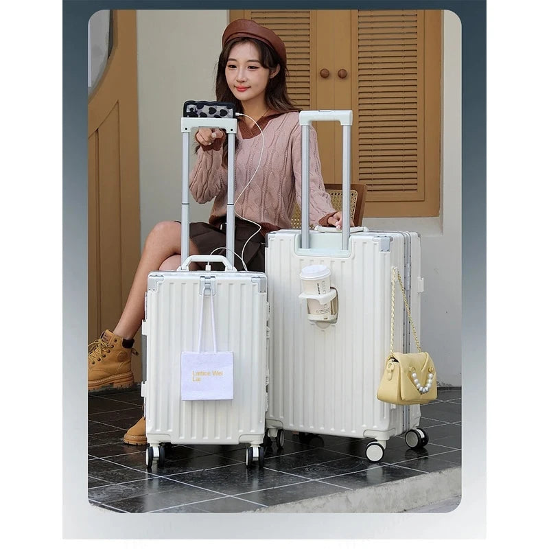 New Suitcase 30 inch Aluminium Frame USB Charging Luggage Carrier Boardable 20 inch Cabin Suitcases on Wheels with Cup Holder