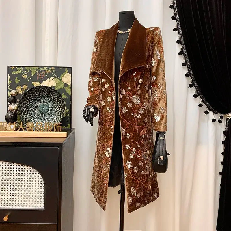 Luxury Design Women's Clothing Lapel Trench Coat Belt Sequin Embroidery Long Trench Coat High Quality Vintage Harajuku Outerwear