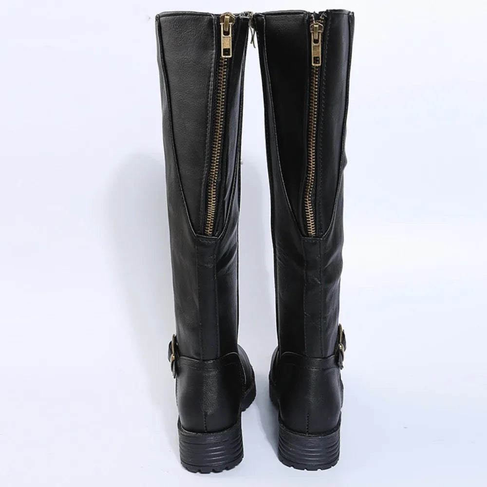 2025 New Women's Spring/Autumn Leather Boots-Knee-High Riding Boots with Zip Low Heel Perfect for Daily Commute& Weekend Outings