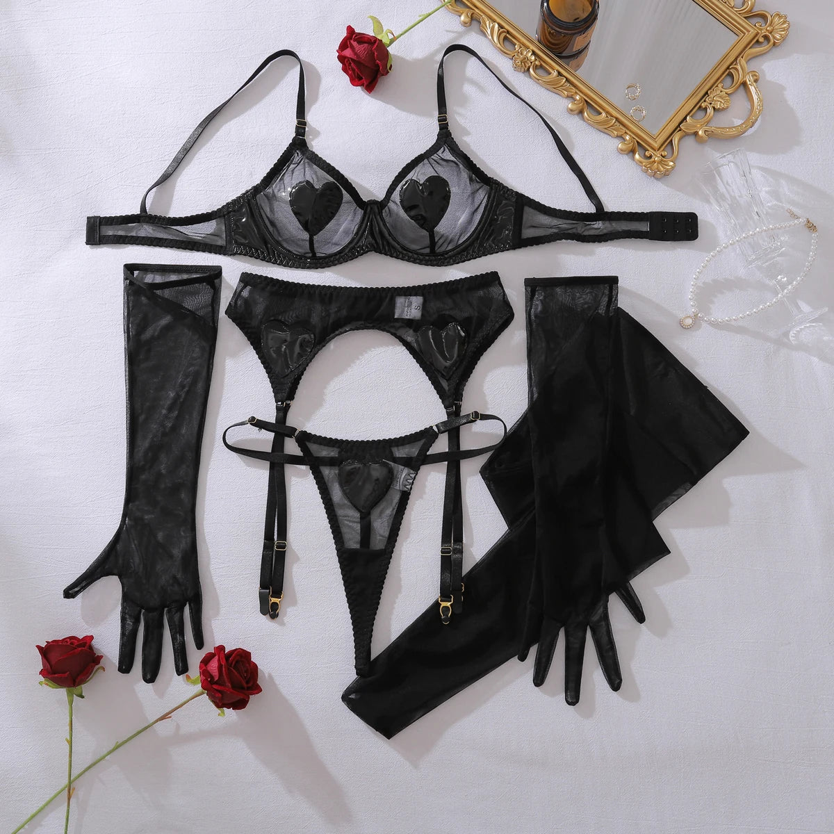Ellolace Fantasy Lingerie Sexy Women Heart Leather Splicing Bra 3PC with Gloves&Stockings Romantic Fetish See Through Underwear