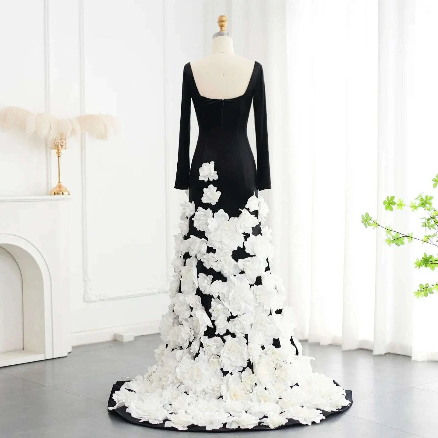 Sharon Said Luxury Dubai Black Velvet Strapless Evening Dress with Gloves 3D Flowers Women Wedding Party Gowns SS248 Customized
