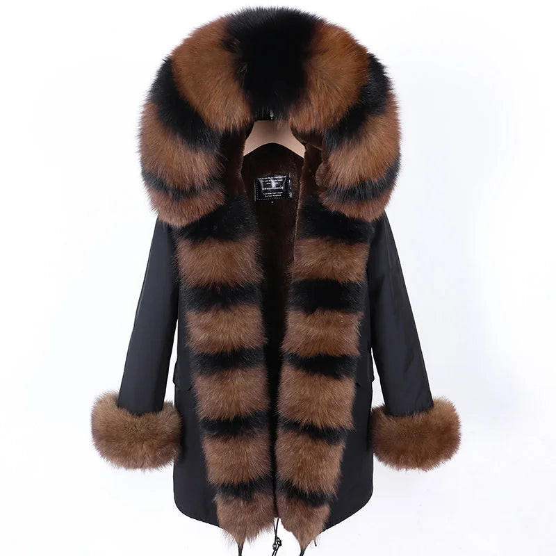 MAOMAOKONG 2024 Winter Women Coat Natural Fox Fur Collar Cuff Black Jackets Outwear Thick Luxury Real Fur Parka Women's Fur Coat