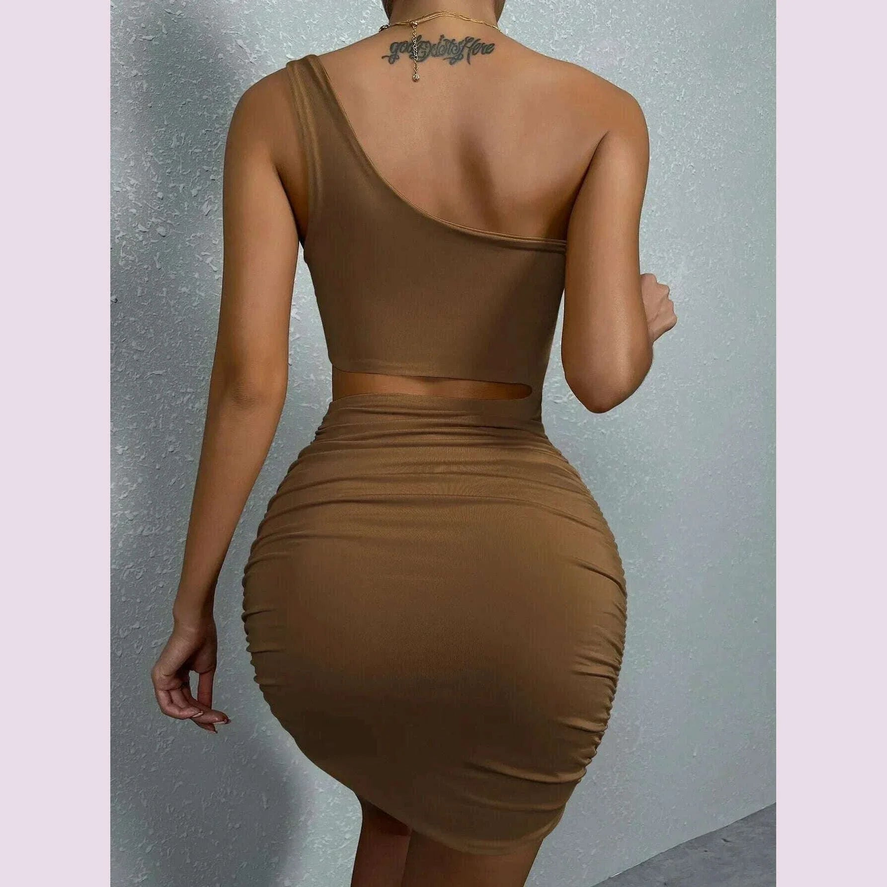 Sexy One Shoulde Backless Bodycon Mini Dress Women's Waist Hollow Out Tight Pleated Wrapping Skirt 2023 New Style
