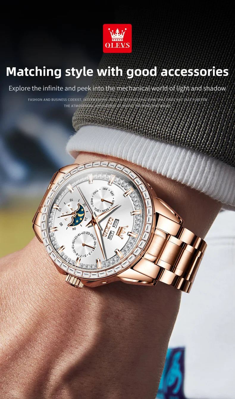 OLEVS 6695 Watch For Men Original Moon Phase Automatic Mechanical Man Watch 30M Waterproof Luminous Week Date Display...