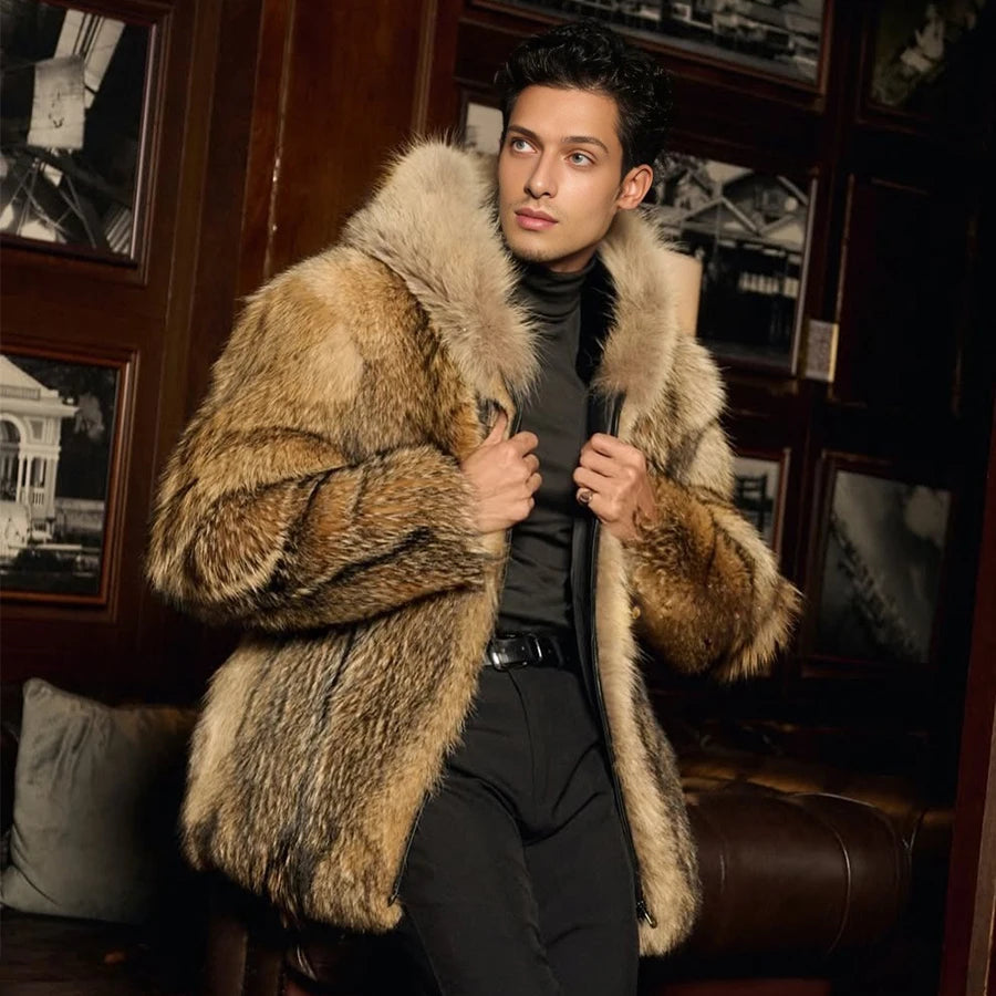 Natural Wolf Fur Coats With Hood Real Full Skin Coyote Fur Coat Genuine Leather Jacket High Quality Winter Jacket For Men