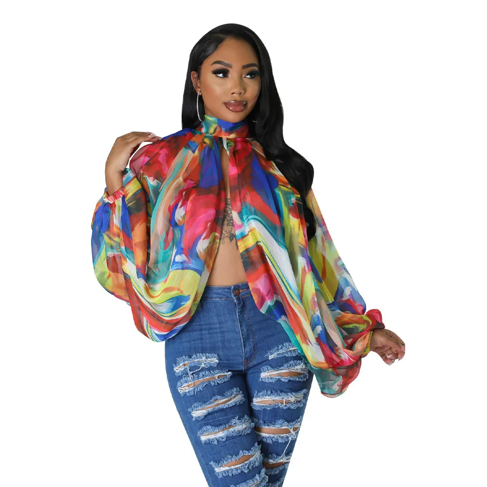 Women See Through Sheer Chiffon Blouse Sexy Front Back Open High Neck Self Tie Shawl Casual Shirts Y2K Night Club Party Tops