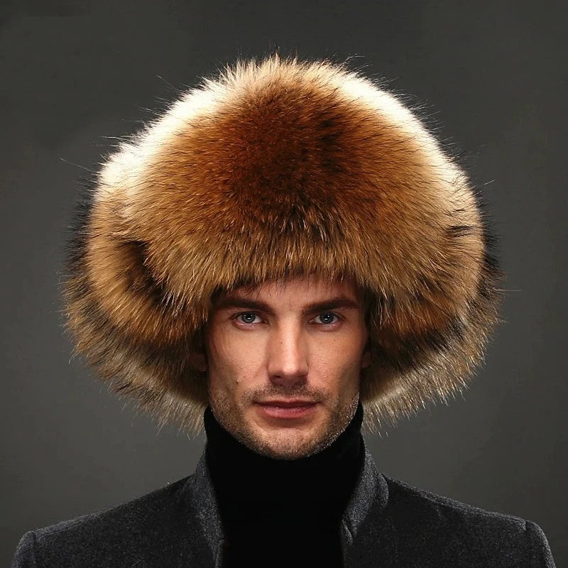 New Winter Men's 100% Real Silver Fox Fur Bomber Hat Raccoon Fur Ushanka Cap Trapper Russian Man Ski Hats Caps Real Leather Top
