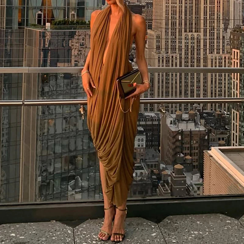 Fashion Irregular Ruffles Slim Dress Sexy Hollow Out Sleeveless Backless Dress Summer New Solid Hollow Out Party Dress for Women - Kimlud