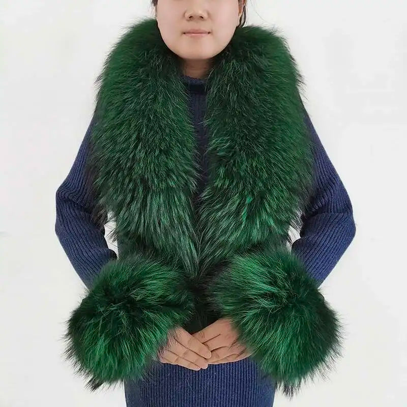 Elegant Luxury Raccoon Fur Collar Cuff Set Large Size 100% Real Fur Scarf Thick Warm Ladies Shawl Coat Collar Women Winter