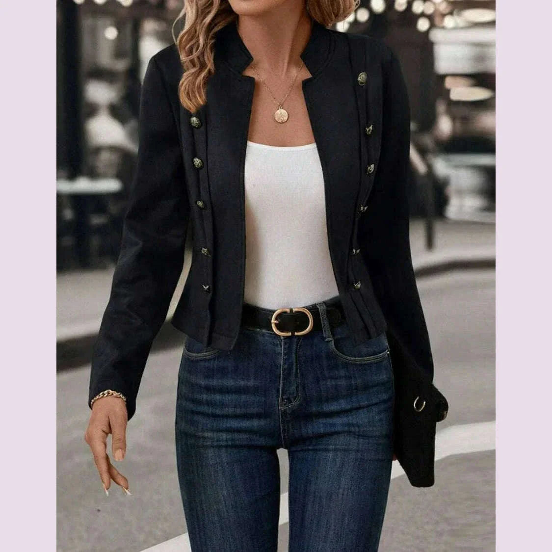 Spring Auutmn Jacket Blazer Coat Double-breasted Stand Collar Buttons Slim Long Sleeves Retro Cardigan Women Outdoor Suit Jacket