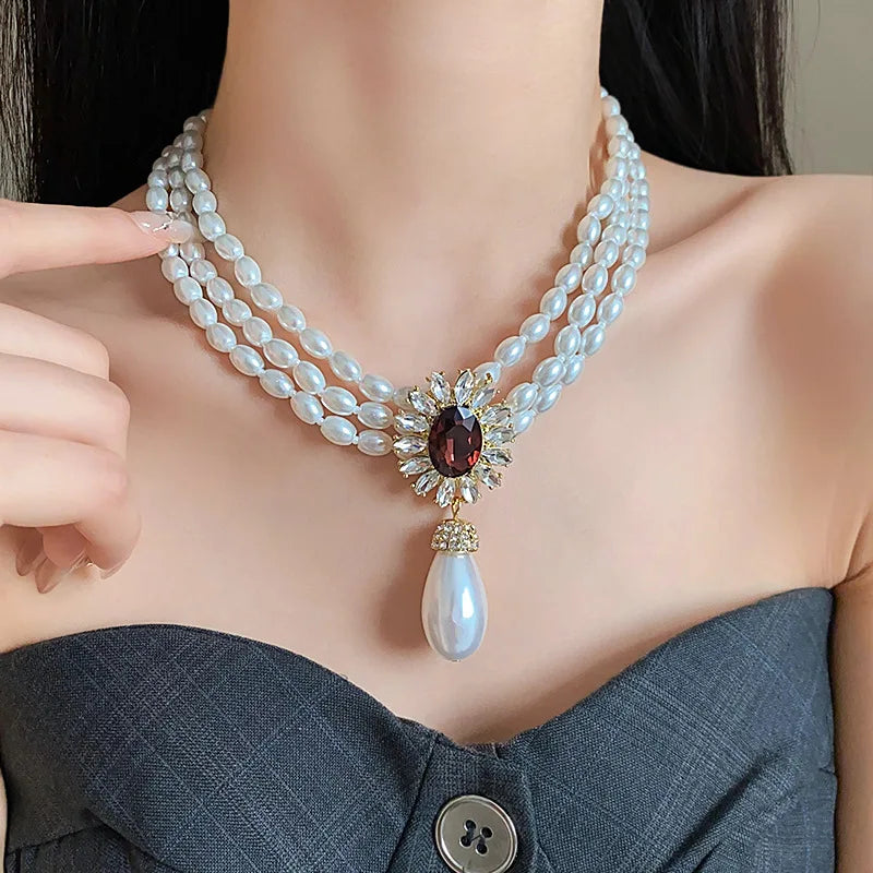 Flower Inlaid Rhinestone Drop Pearl Necklace Earring Set French Style Clavicle Chain Light Luxury Jewelry Sets for Women