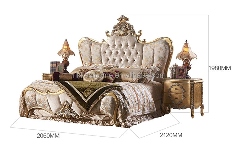 French Rococo Design Home Bedroom Gold Leaf Carving King Size Bed European Classic Luxury Golden Wooden Bedroom Furniture - Kimlud