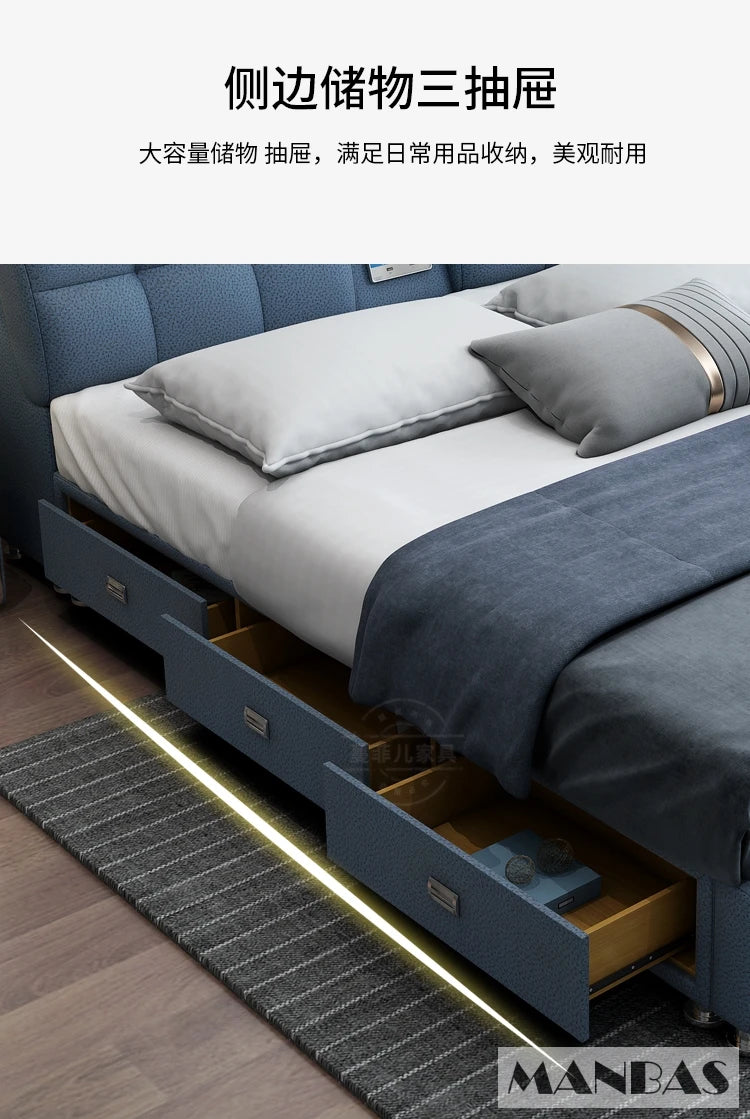 Linlamlim Ultimate Tech Smart Bed - Multifunctional Bedframe with Genuine Leather and Bluetooth Speaker, Drawers,...