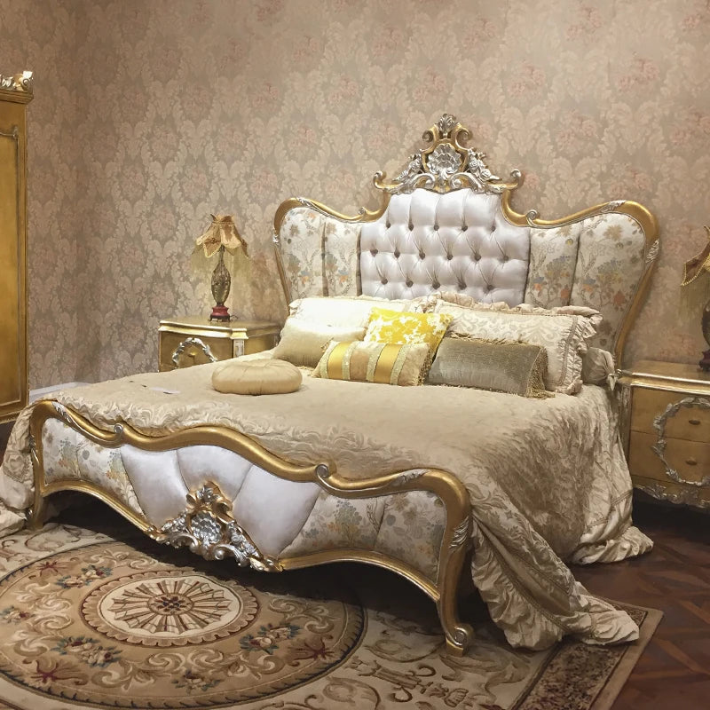 French Rococo Design Home Bedroom Gold Leaf Carving King Size Bed European Classic Luxury Golden Wooden Bedroom Furniture - Kimlud