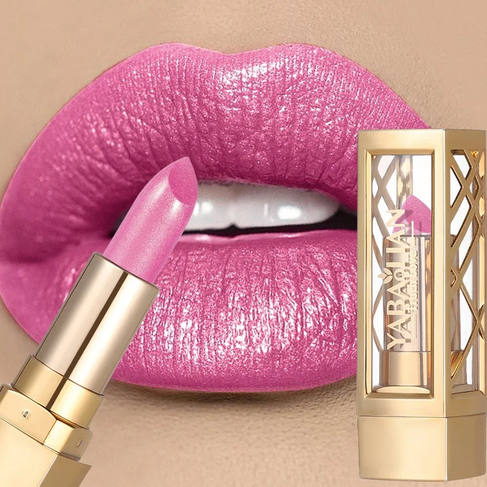 12 Color Gold Tube Lipstick Matte Metallic Glitter Lipstick Waterproof Non-Fade Shimmery Pearl Sparkling Red Lip Gloss Makeup