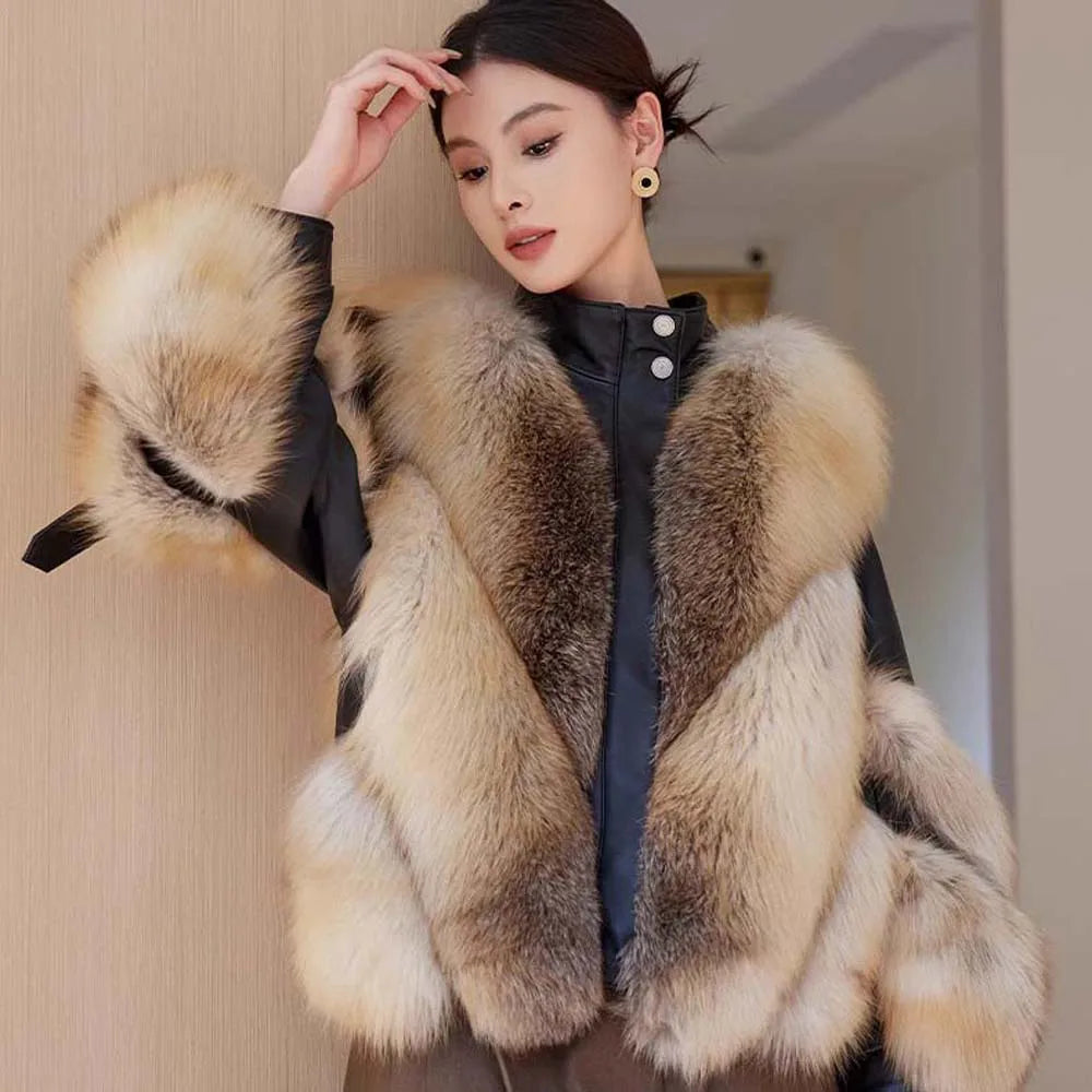 Autumn Winter New Real Fox Fur Jacket Women's Overcoat Fashion Loose Short Motorcycle Clothes Warm Parka Coat