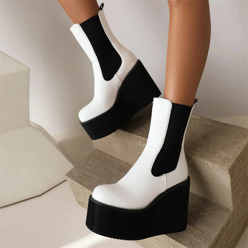 Platform Ankle Boots For Women Shoes Black White Wedges High Heels Gothic Boot Casual Autumn Winter Shoes Female Waterproof
