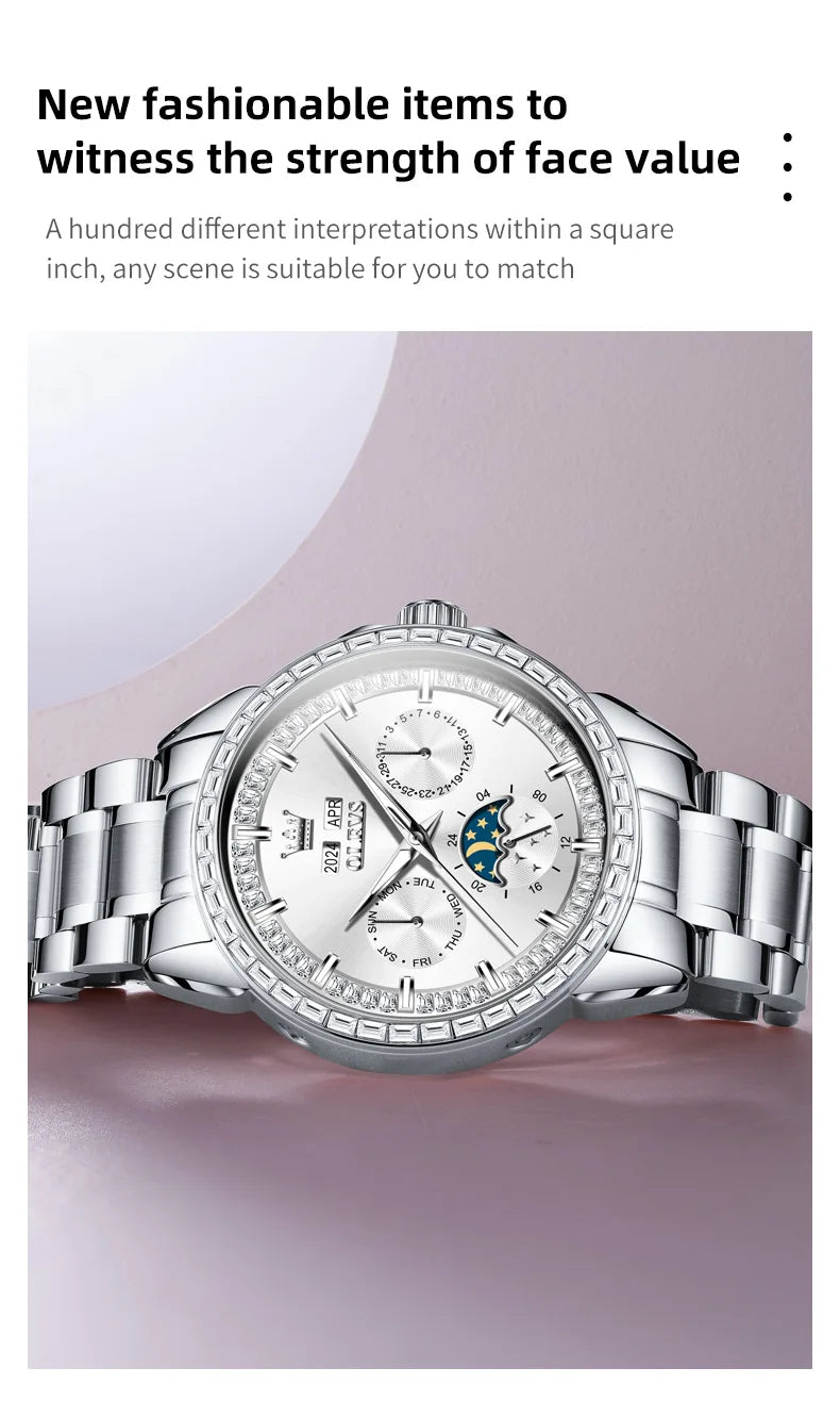 OLEVS 6695 Watch For Men Original Moon Phase Automatic Mechanical Man Watch 30M Waterproof Luminous Week Date Display...