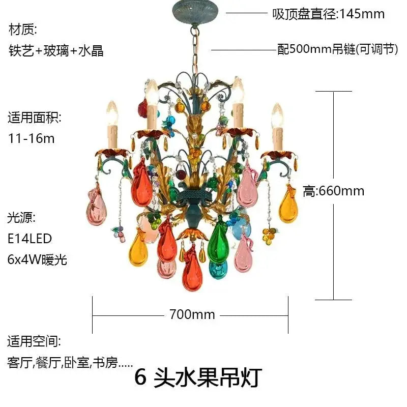 French Colorful Restaurant Chandelier Art Glass Lamp Romantic Bedroom Lamp Retro Colorful Candle Chandelier Crystal Lamp - Kimlud