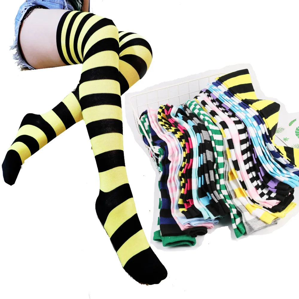 Wide Striped Stockings Women Over Knee High Long Socks Christmas Halloween Cosplay Anime Performance Party Gifts Socks Colorful