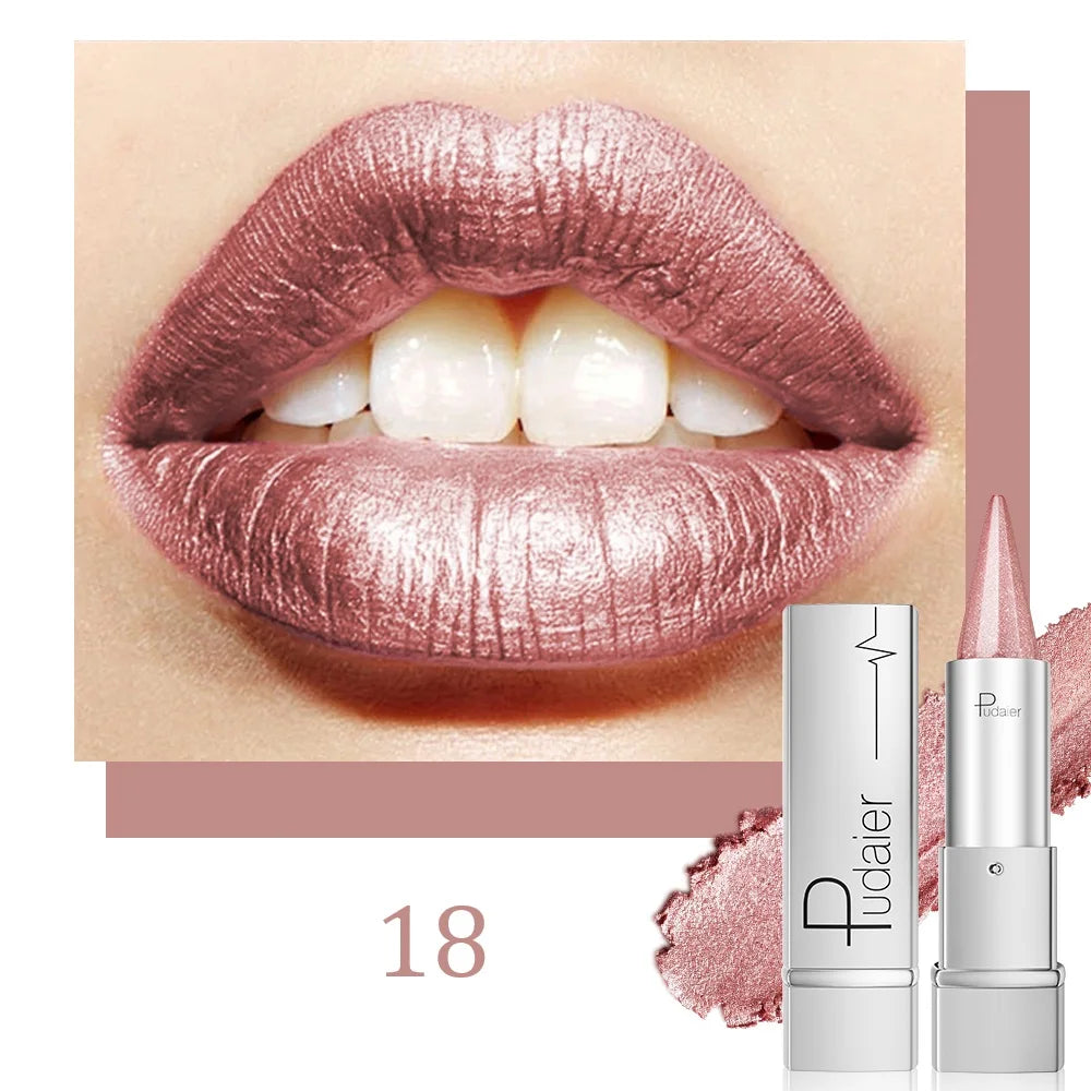 Nude pink pearlescent lipstick, waterproof and long-lasting metallic texture, pearlescent shimmering lipstick, suitable for all