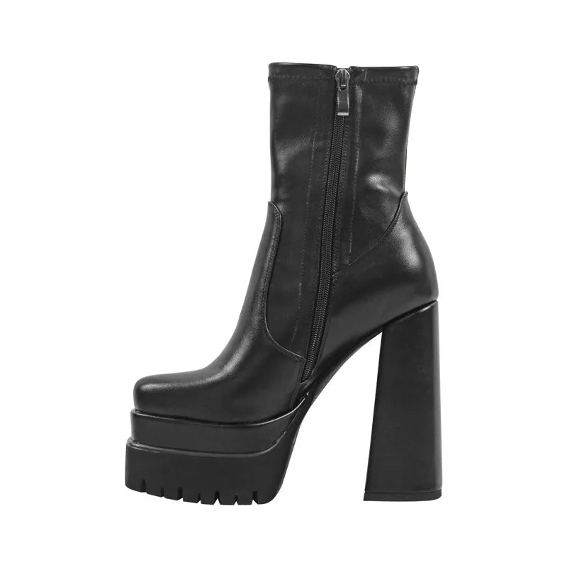 Onlymaker Women Quare Toe Double Platform Block Heel Ankle Boots Zipper Chunky Heel Black Matte Fashion Lady Ankle Boots