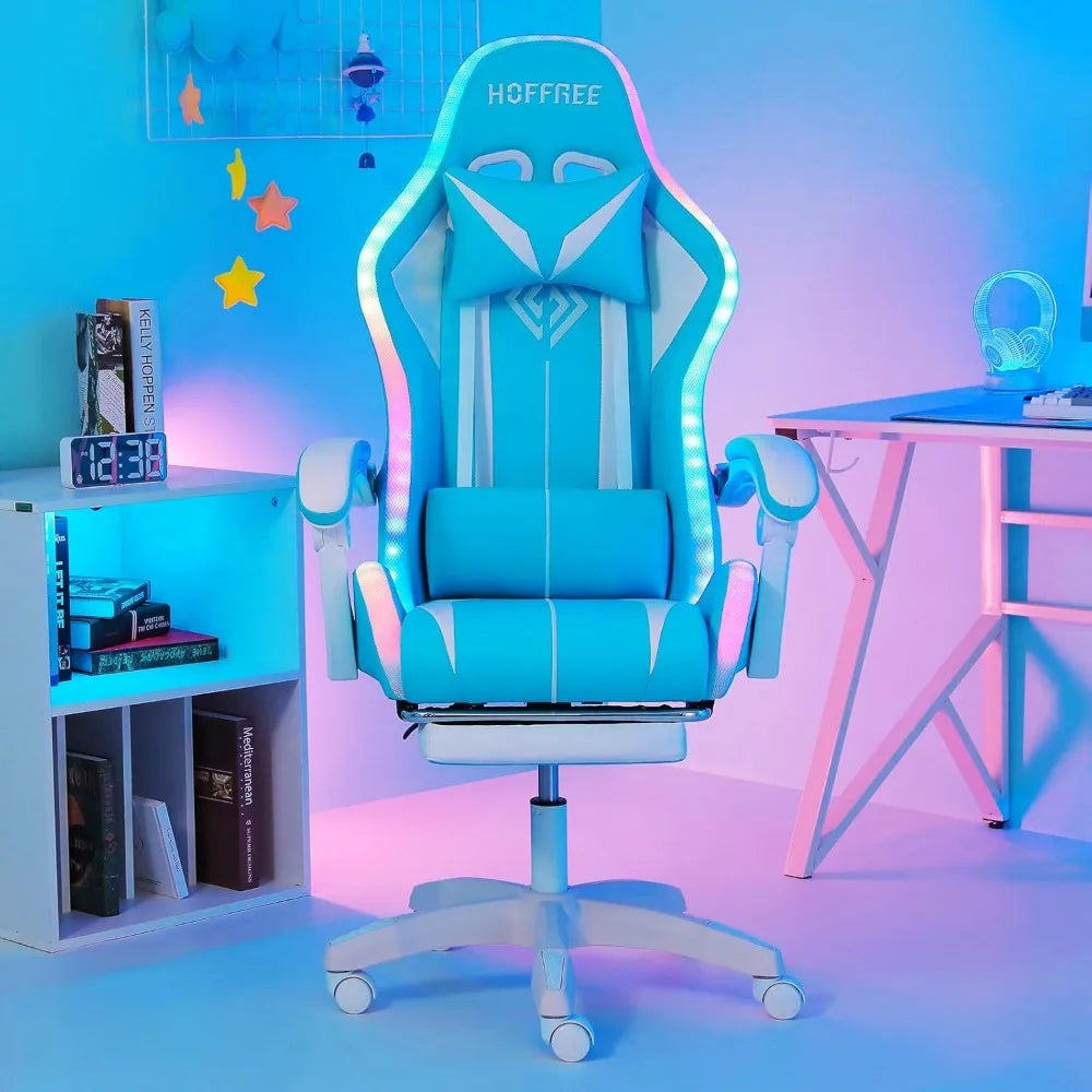 Ergonomic High-Back LED RGB Gaming Chair with Massage, Adjustable Lumbar Support and Footrest for Comfortable Video Gaming Exper