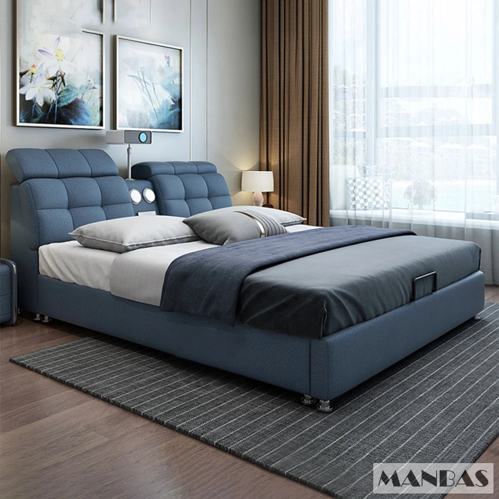 Linlamlim Ultimate Tech Smart Bed - Multifunctional Bedframe with Genuine Leather and Bluetooth Speaker, Drawers,...