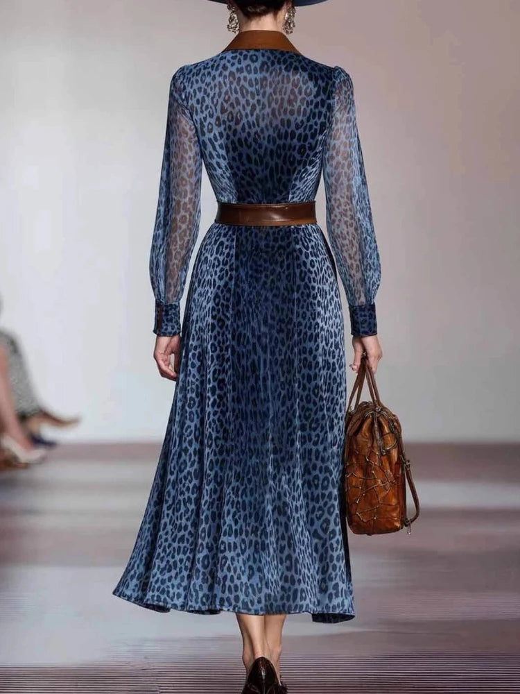 Elegant Woman Dresses Retro Turndown Collar Leopard Print Long Dress Autumn Single Breasted Long Sleeve Western Cowboy Dress