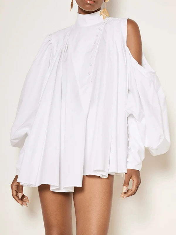 Modigirl 2025 Cotton Women Tops and Blouses Summer Fall High Neck Casual OverSize Puff Sleeves Buttoned Streetwear Shirts Female