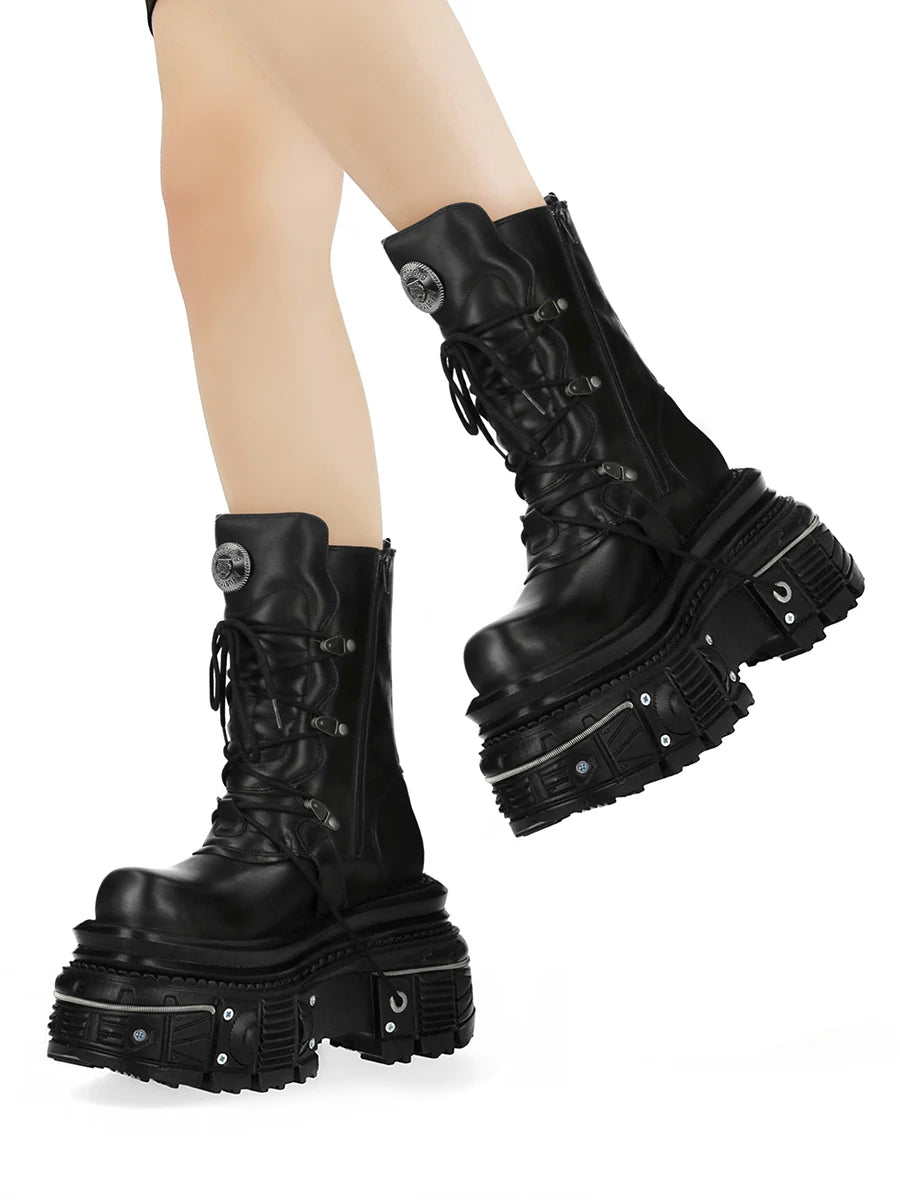 Metal Rivet Platform Cross Tie Motorcycle Boots Female Rock Round Head Fashion Retro Short Boots Goth Style Platform Boots