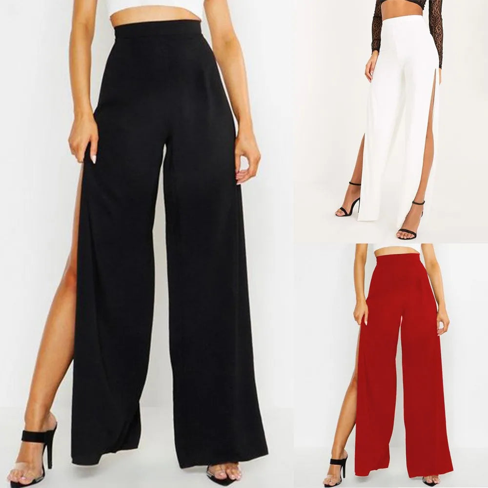 Sexy Women's Pants Side Split High Waist Yoga Wide Leg Party Club Solid Black Baggy Trousers Pants Woman Clothing